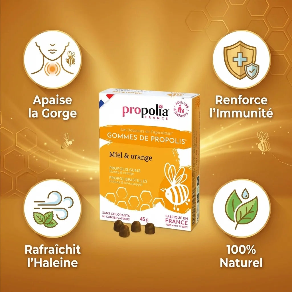 Gommes Propolis Miel Orange Propolia 45g - Apaise gorge, renforce immunité, naturel