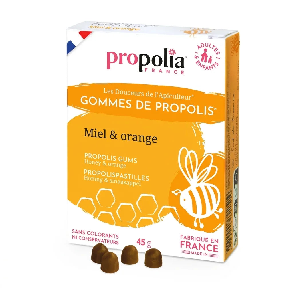 Gommes Propolis Miel Orange Propolia 45g packaging blanc et orange fond blanc