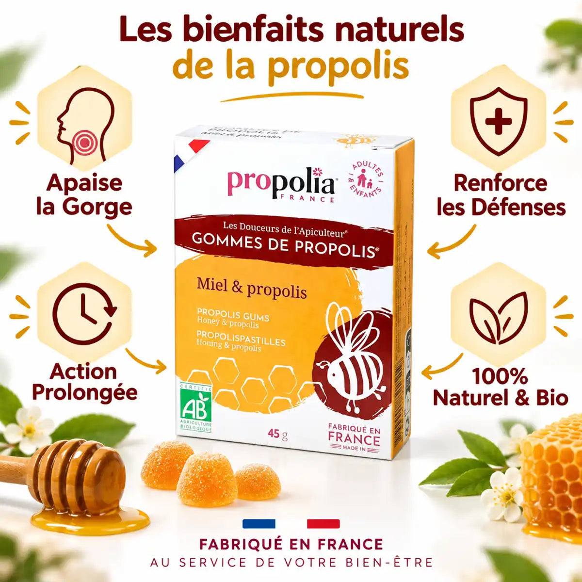 Gommes propolis Propolia 45g - miel bio, certification AB, bénéfices gorge et défenses