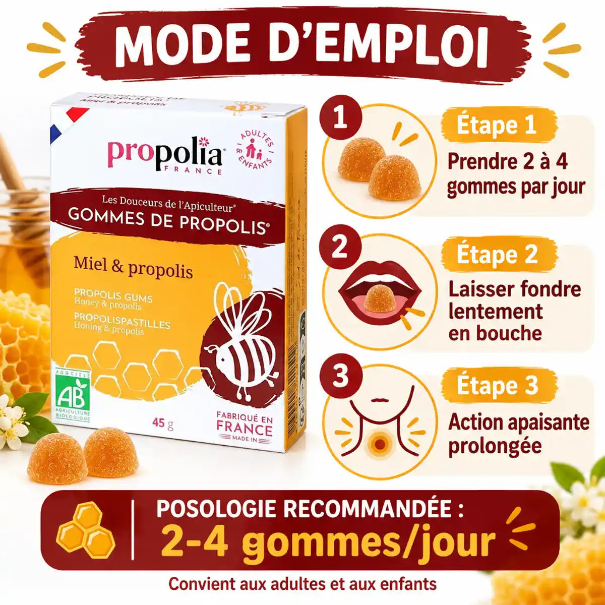 Gommes Propolia Miel et Propolis 45g avec mode d'emploi et posologie recommandée 2-4 gommes par jour