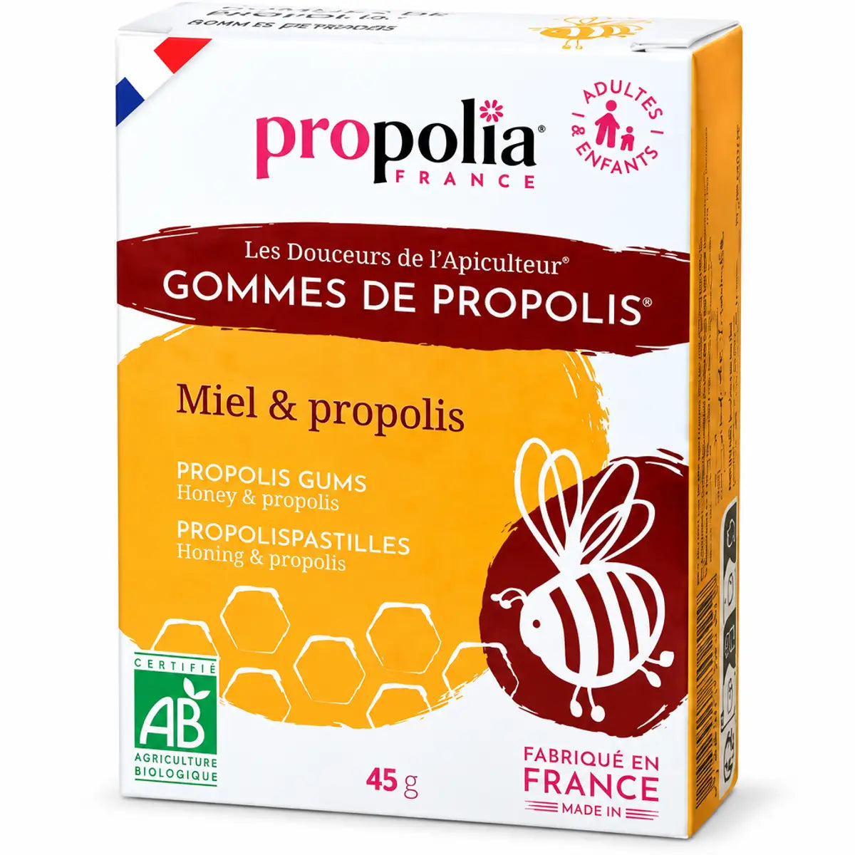 Boîte de gommes Propolia miel et propolis 45g sur fond blanc avec certification AB