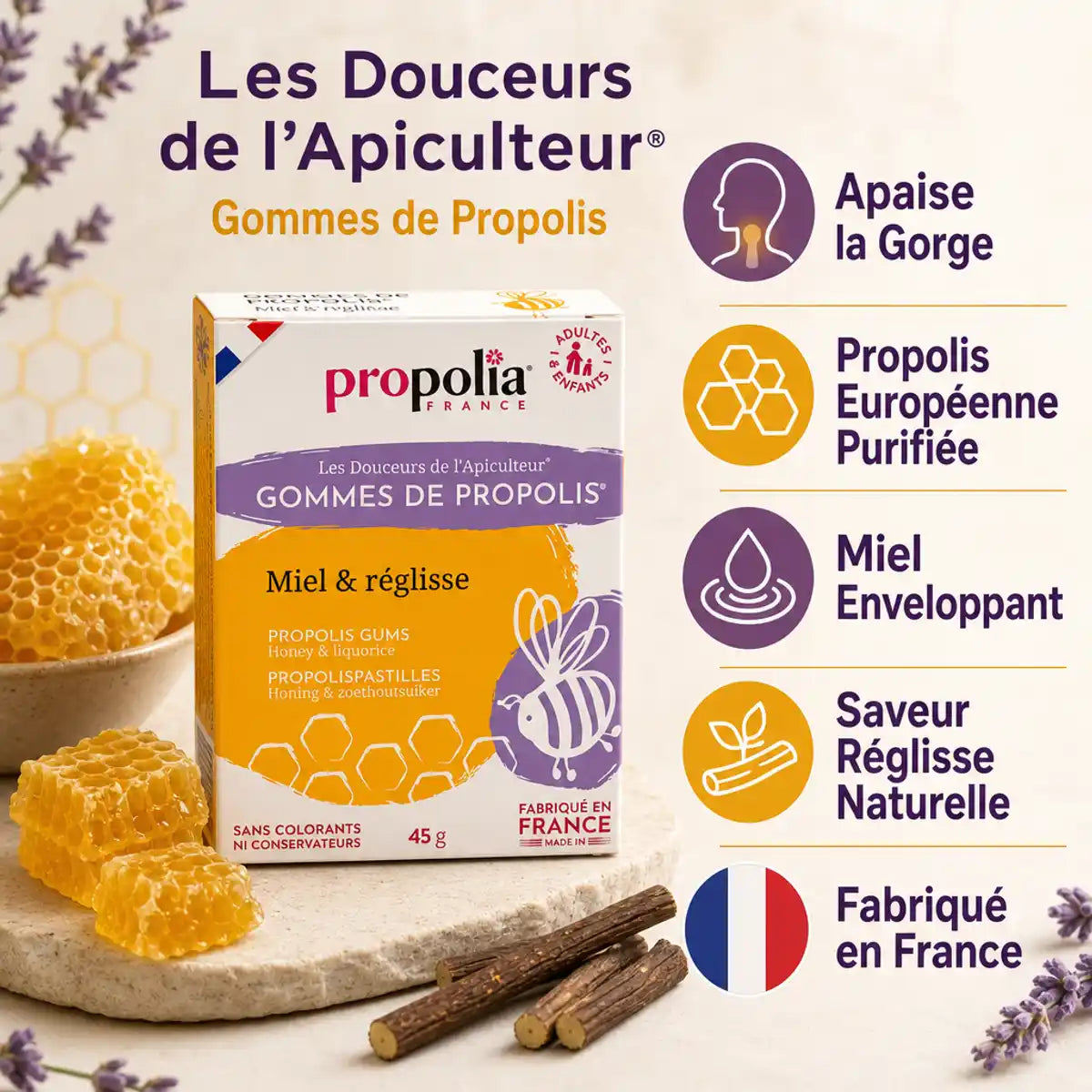 Gommes Propolis Miel Réglisse 45g Propolia - Apaise la gorge, fabriqué en France