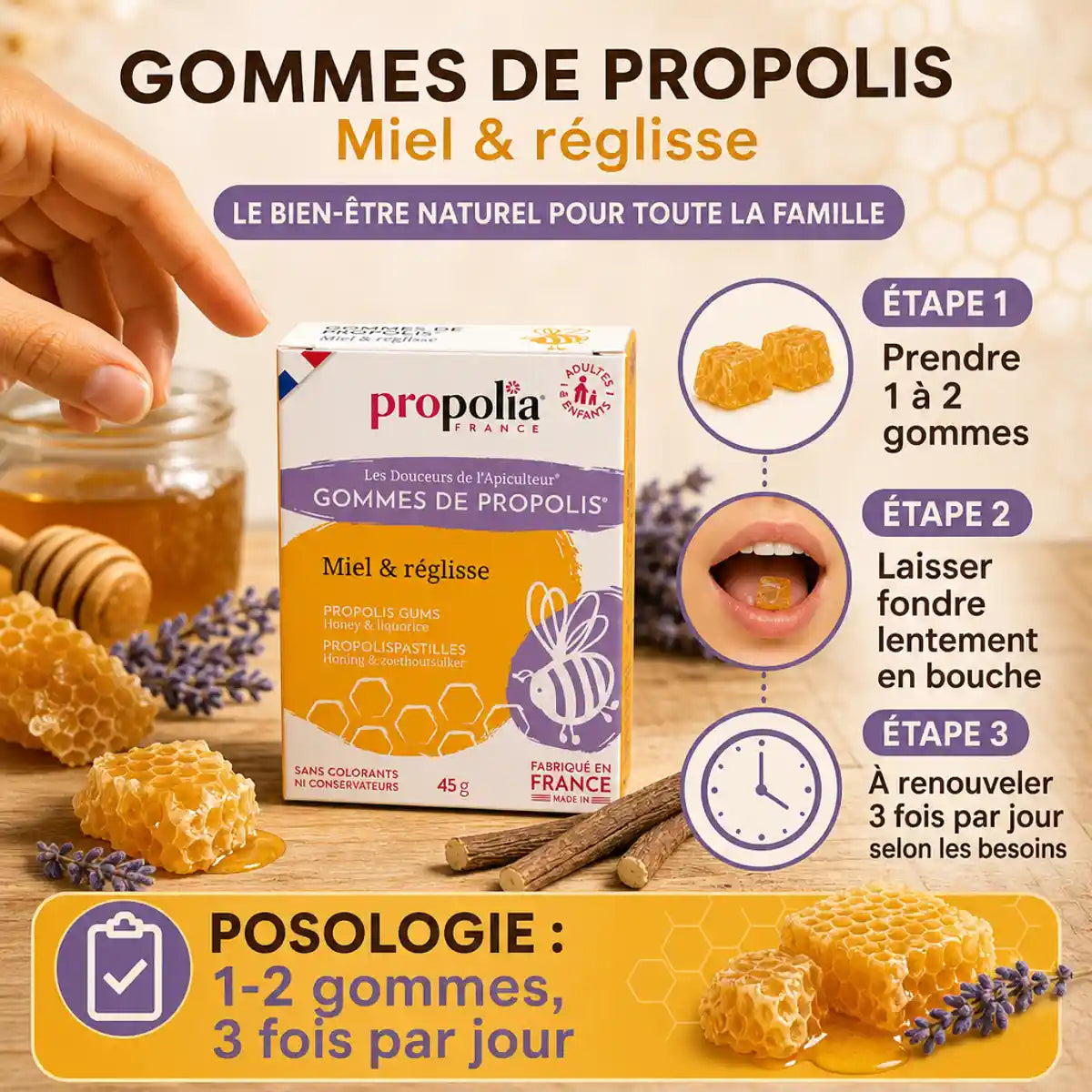 Gommes Propolis Miel Réglisse 45g avec guide posologie 1-2 gommes 3 fois par jour