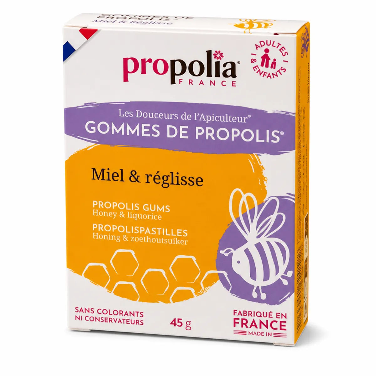 Gommes de Propolis Miel & Réglisse Propolia 45g, packaging purple et or sur fond blanc