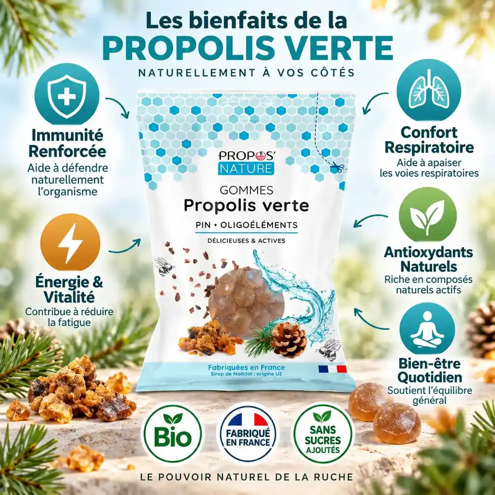 Gommes Propolis Verte bio Propos'Nature avec bénéfices immunité, confort respiratoire et antioxydants naturels