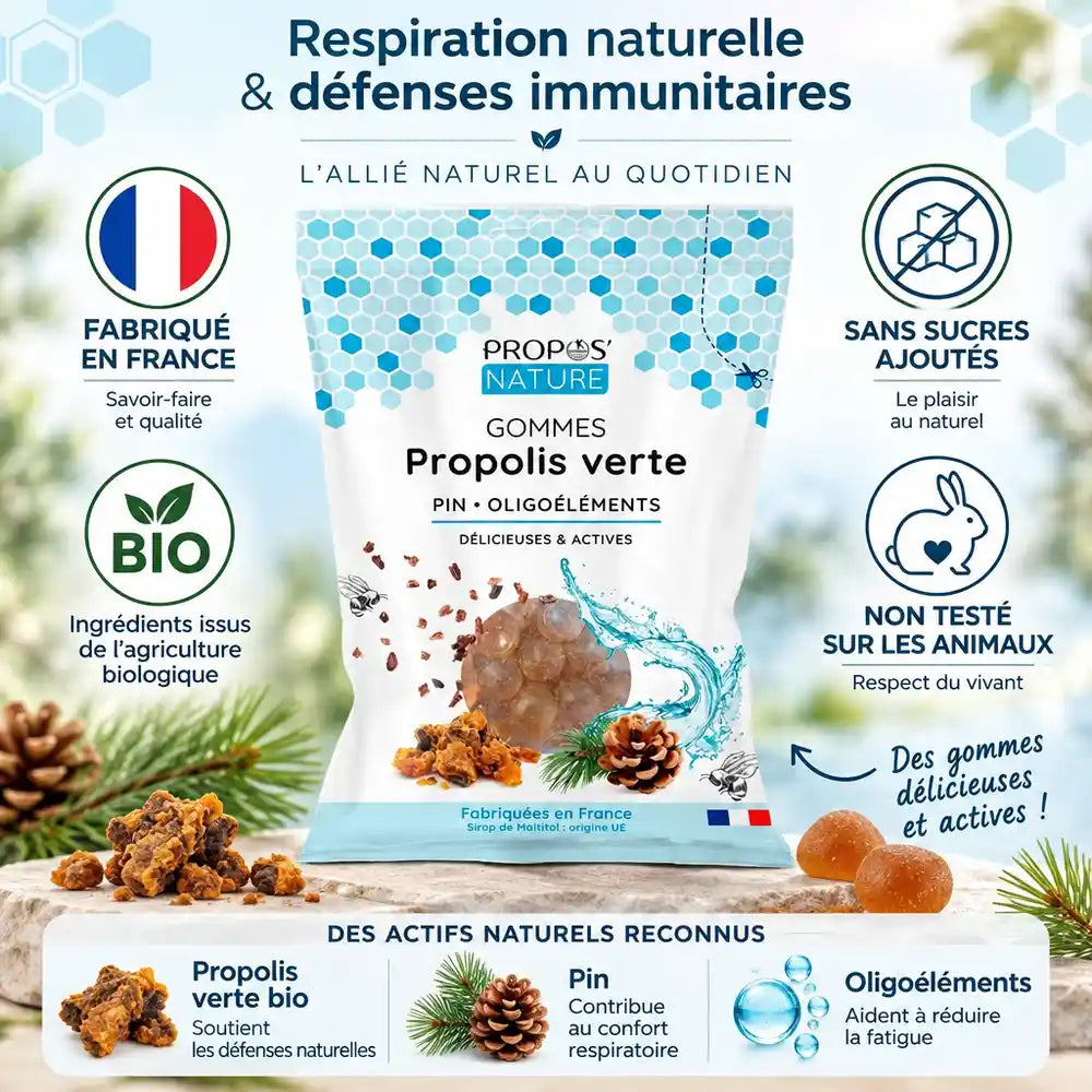 Gommes Propolis Verte bio Propos'Nature avec certifications - Pin et oligoéléments