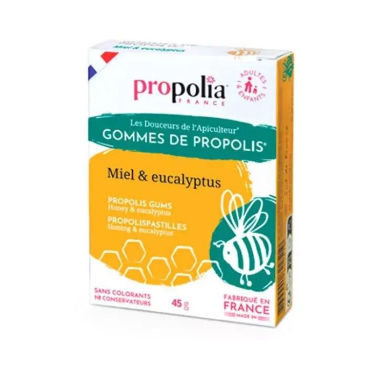 Boîte de 5g de gommes de propolis goût miel et eucalyptus de la marque Propolia