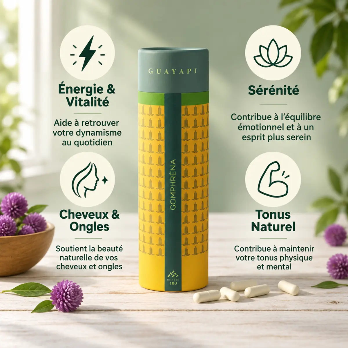 Gomphréna Guayapi 130 gélules avec bénéfices : énergie, sérénité, cheveux, ongles et tonus naturel