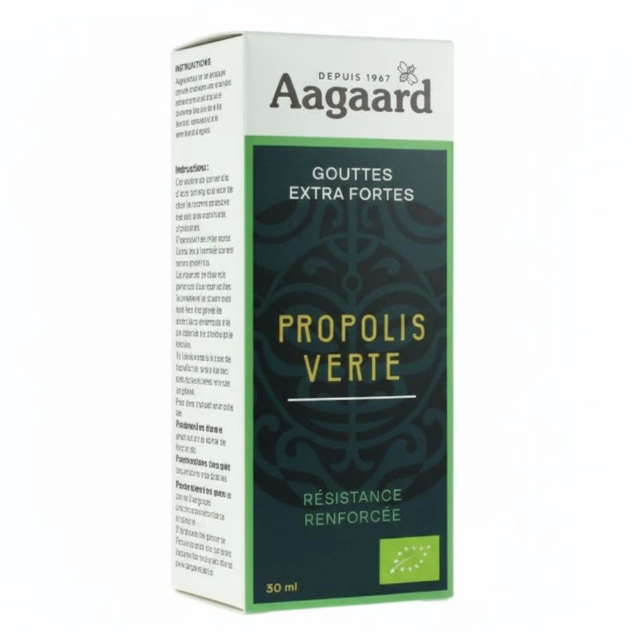 Un pack de gouttes extra forte de propolis verte de la marque aagaard