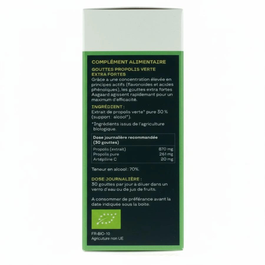 dos du pack de gouttes de propolis verte extra forte de la marque aagaard