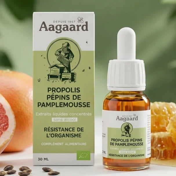 Gouttes Propolis Pépins Pamplemousse Bio Aagaard 30ml avec pamplemousse frais et miel