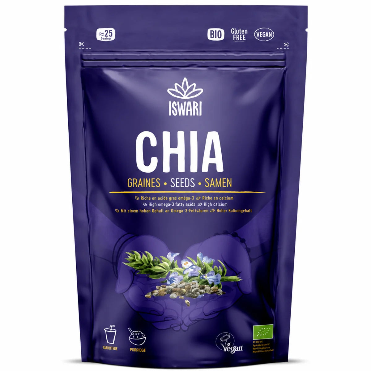 Sachet 250g de graines de chia Iswari bio vegan avec logo lotus sur fond blanc