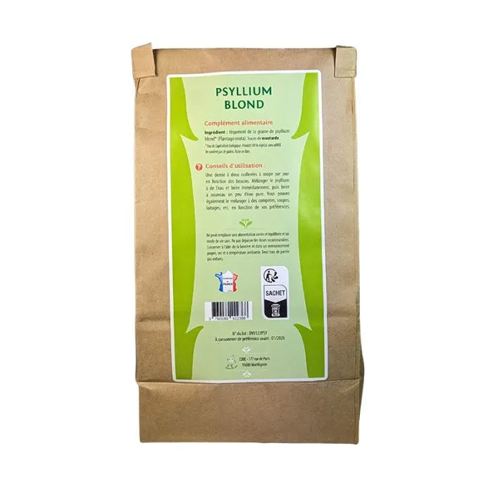 Le dos d'un paquet de 250 grammes de Psyllium blond bio de la marque Graine Sauvage