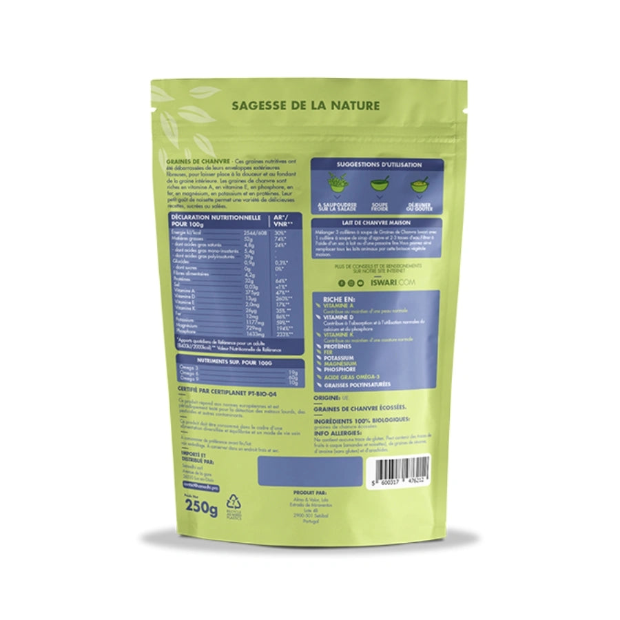 Face arrière du packaging des graines de chanvre de la marque Iswari