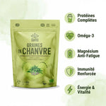 Graines de chanvre bio Iswari 250g avec infographie des bénéfits nutritionnels: protéines, oméga-3, magnésium