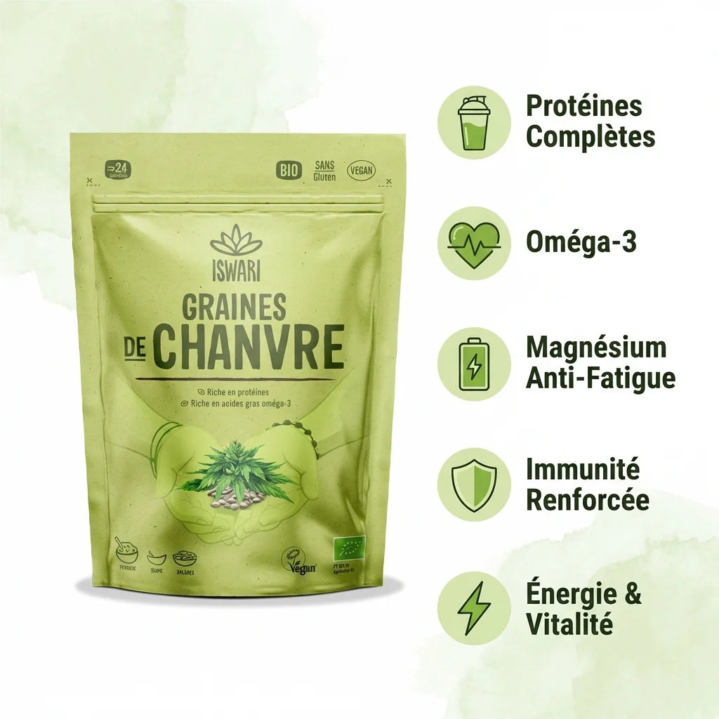 Graines de chanvre bio Iswari 250g avec infographie des bénéfits nutritionnels: protéines, oméga-3, magnésium