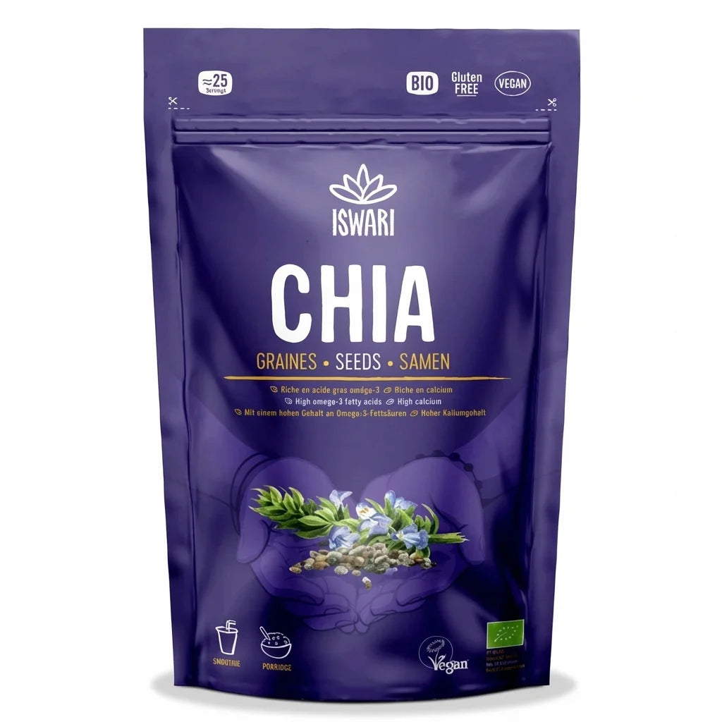 Graines de chia bio Iswari 250g en sachet violet réscellable, certifié vegan