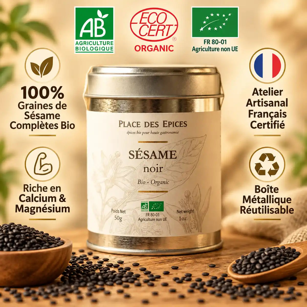 Graines de sésame complètes bio 100g Place des Épices en boîte métallique avec certifications AB