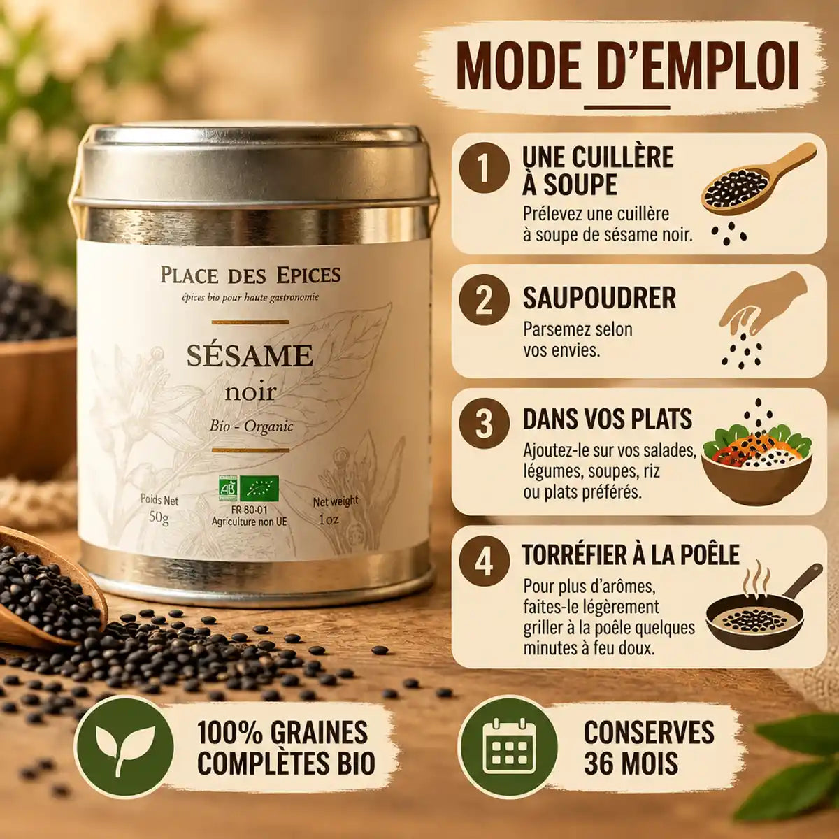 Graines de sésame noir bio 100g avec mode d'emploi - Place des épices