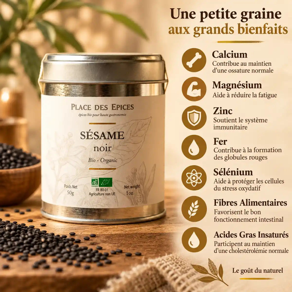 Graines de sésame noir bio 100g avec infographie nutritionnelle calcium magnésium zinc fer