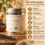 Graines de sésame noir bio 100g avec infographie nutritionnelle calcium magnésium zinc fer