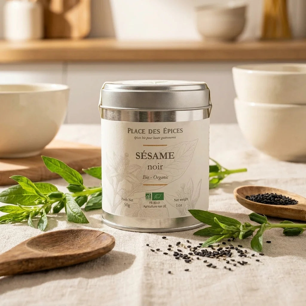 Graines de sésame bio Place des Épices 100g avec ingrédients frais en cuisine