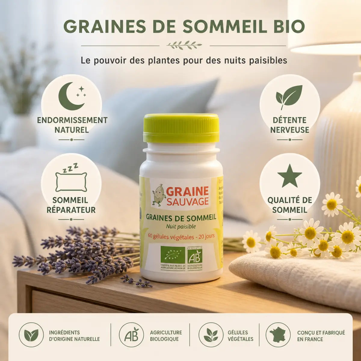 Graines de Sommeil Bio 60 gélules Graine Sauvage avec bénéfices sommeil naturel et détente nerveuse