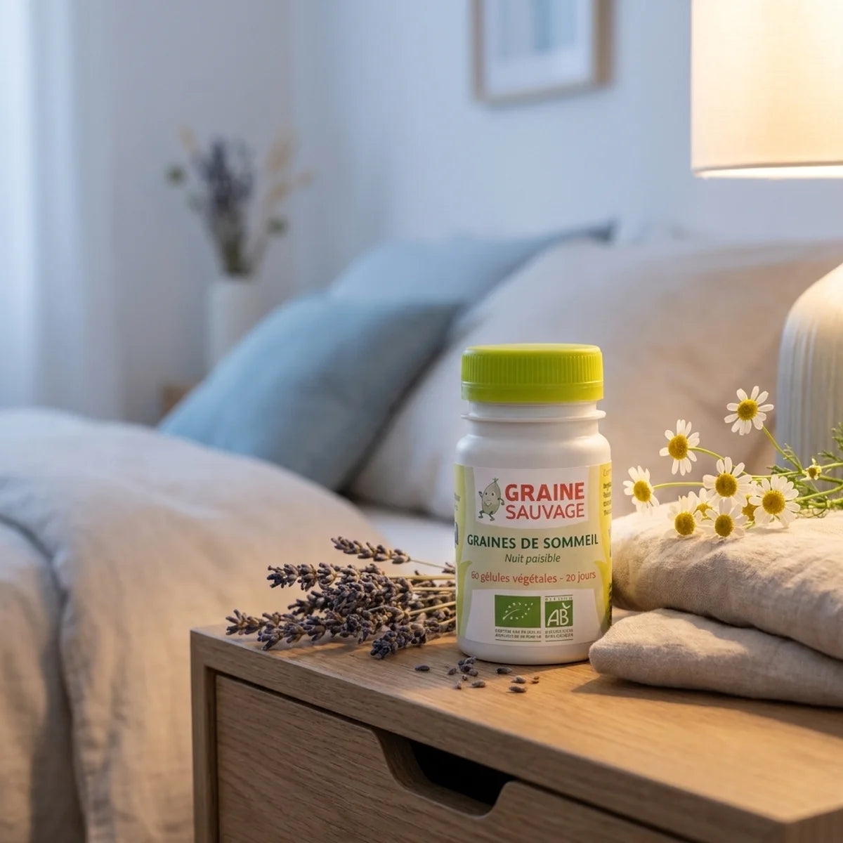 Graines de sommeil bio Graine Sauvage 60 gélules sur table de nuit avec lavande et camomille