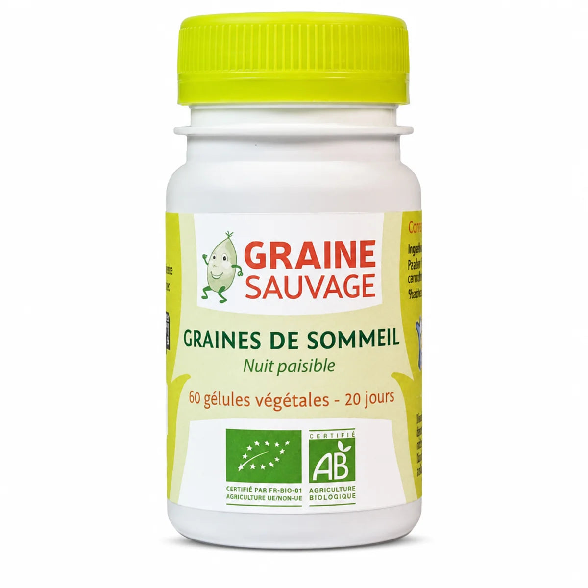 Complément sommeil bio Graine Sauvage 60 gélules avec certification organique et mascotte poire