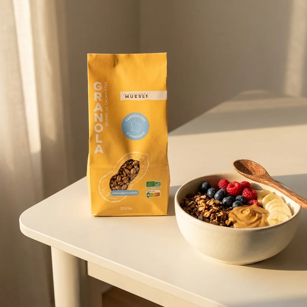Granola Beurre de Cacahuètes Bio Monsieur Muesli 350g avec bol, baies et cuillère en bois