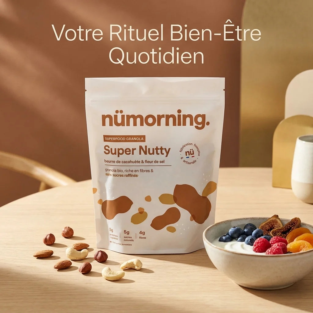 Granola bio Super Nutty Nümorning 1kg avec fruits secs et yaourt sur table bois