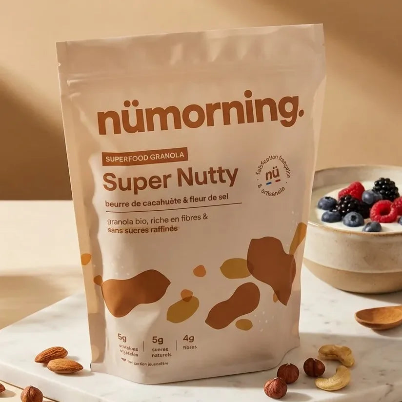 Granola Bio Super Nutty Nümorning 1kg avec fruits secs et yaourt, petit-déjeuner sain