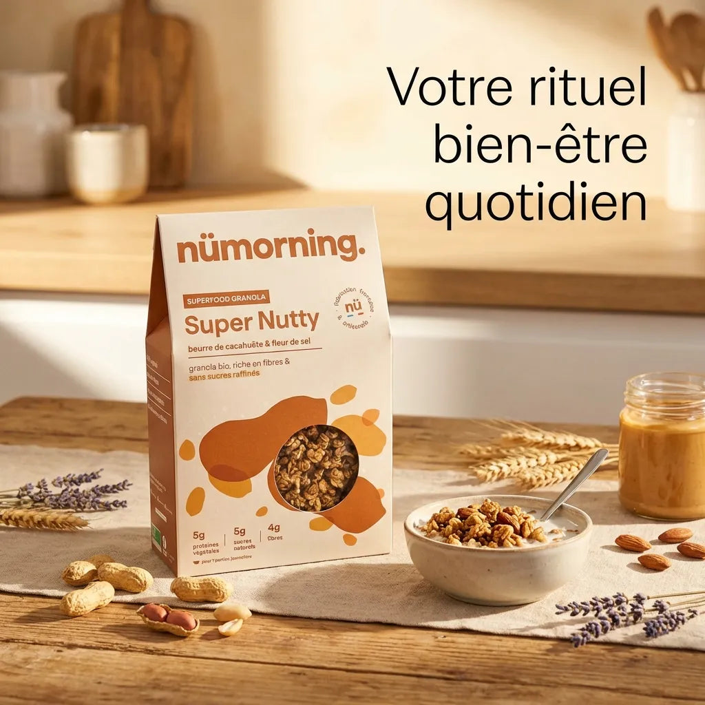 Granola Bio Super Nutty Nümorning 300g dans un bol avec lait et noix, rituel bien-être