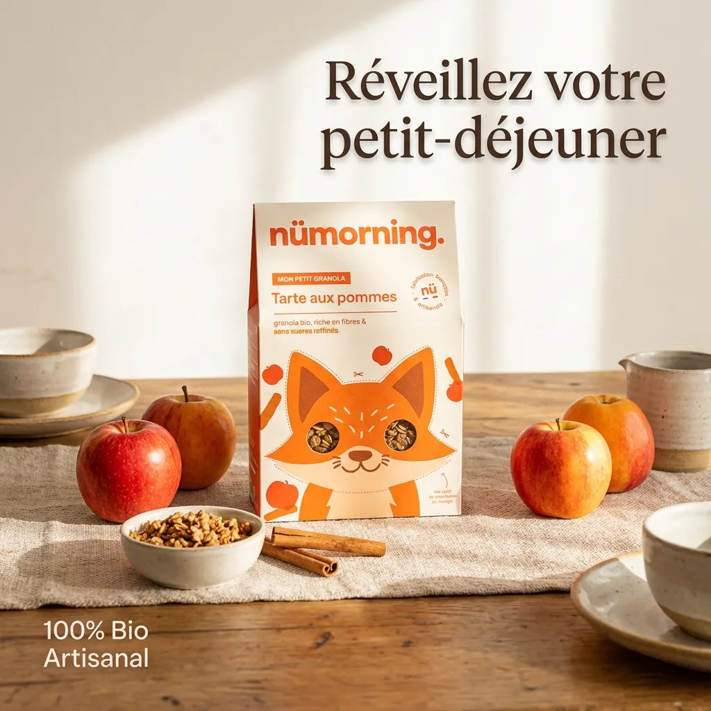 Granola bio tarte aux pommes Nümorning avec renard orange, pommes fraiches et bâtons de cannelle