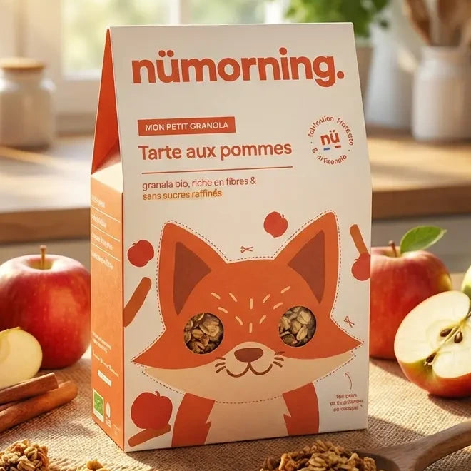 Granola bio tarte aux pommes Nümorning sur comptoir cuisine avec pommes et cannelle
