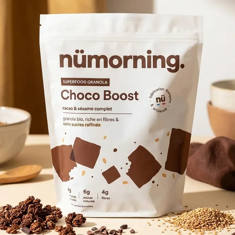 Granola Choco Boost 1kg Nümorning sur table petit-déjeuner avec ingrédients artisanaux
