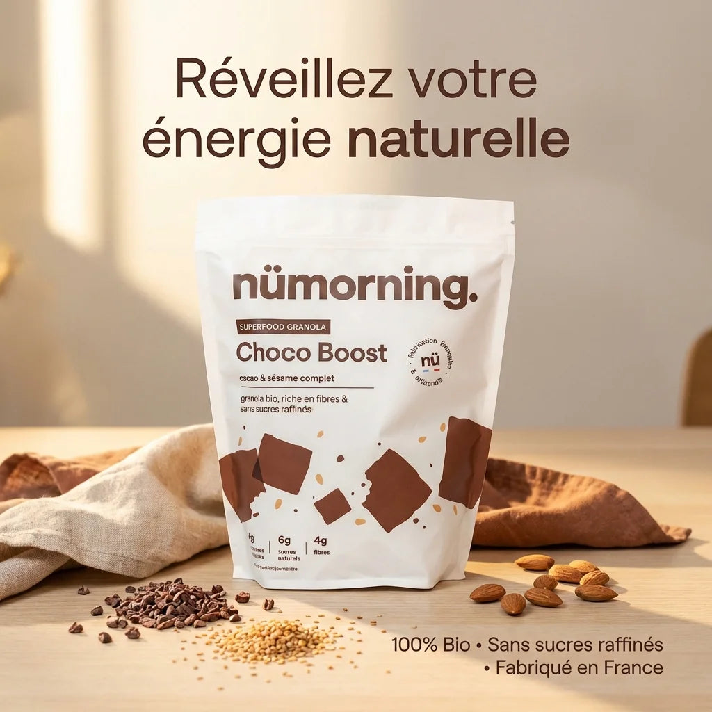 Granola Choco Boost Nümorning 1kg bio avec cacao, amandes et graines sur table petit-déjeuner