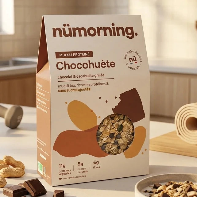 Granola Chocohuète Nümorning en cuisine moderne avec ingrédients frais et bol servi au lait