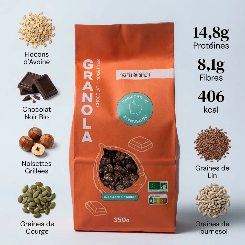 Granola Chocolat Noisettes Bio 350g avec ingrédients biologiques et valeurs nutritionnelles