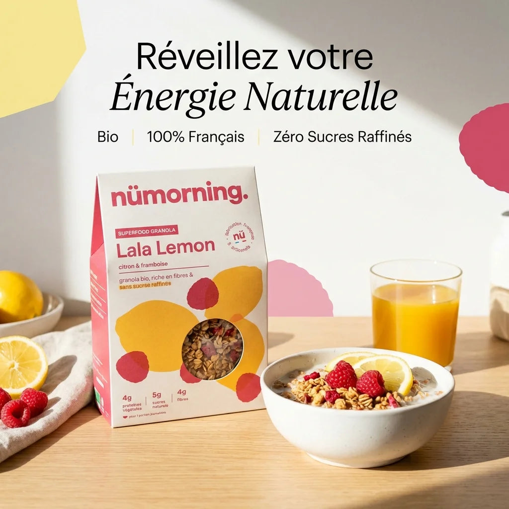 Granola Citron Framboise Nümorning 300g avec fruits frais et lait - petit déjeuner bio