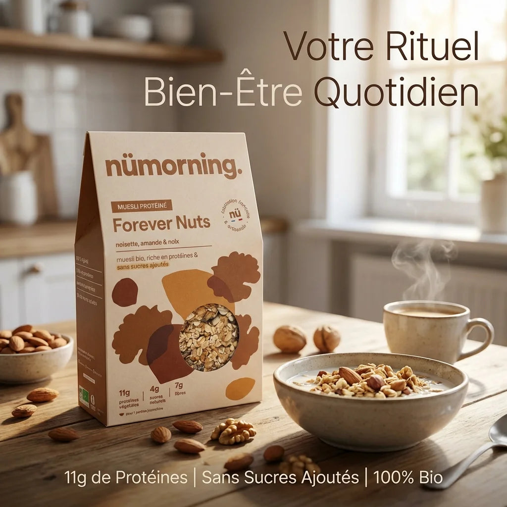 Granola Nümorning Noisette Amande Noix 300g sur table petit-déjeuner avec café et fruits secs