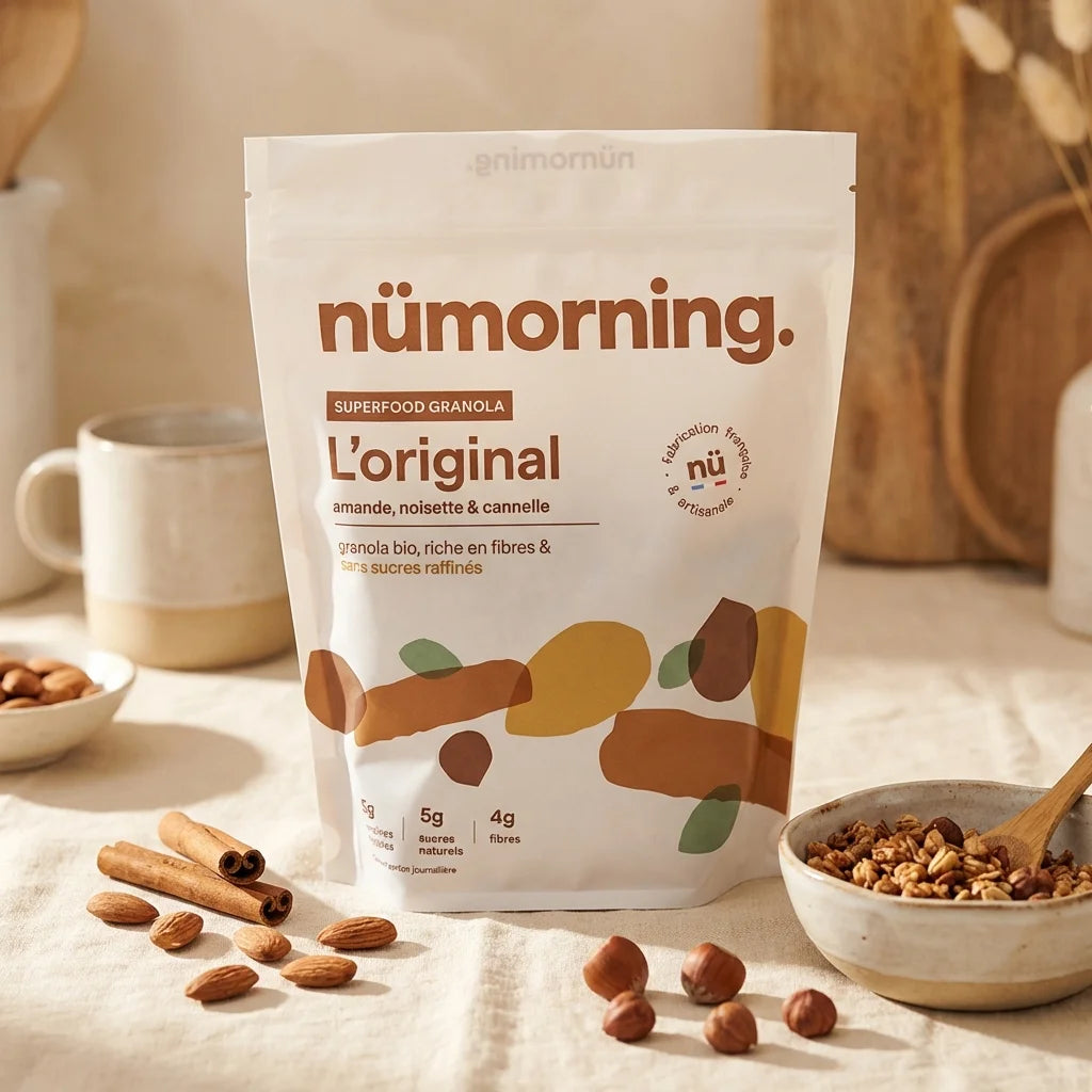 Granola Original Nümorning 1kg avec amandes, noisettes et cannelle sur table petit-déjeuner