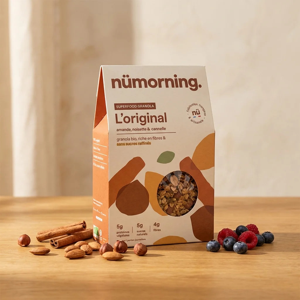 Granola Original Nümorning 300g avec amandes, noisettes et baies sur table en bois