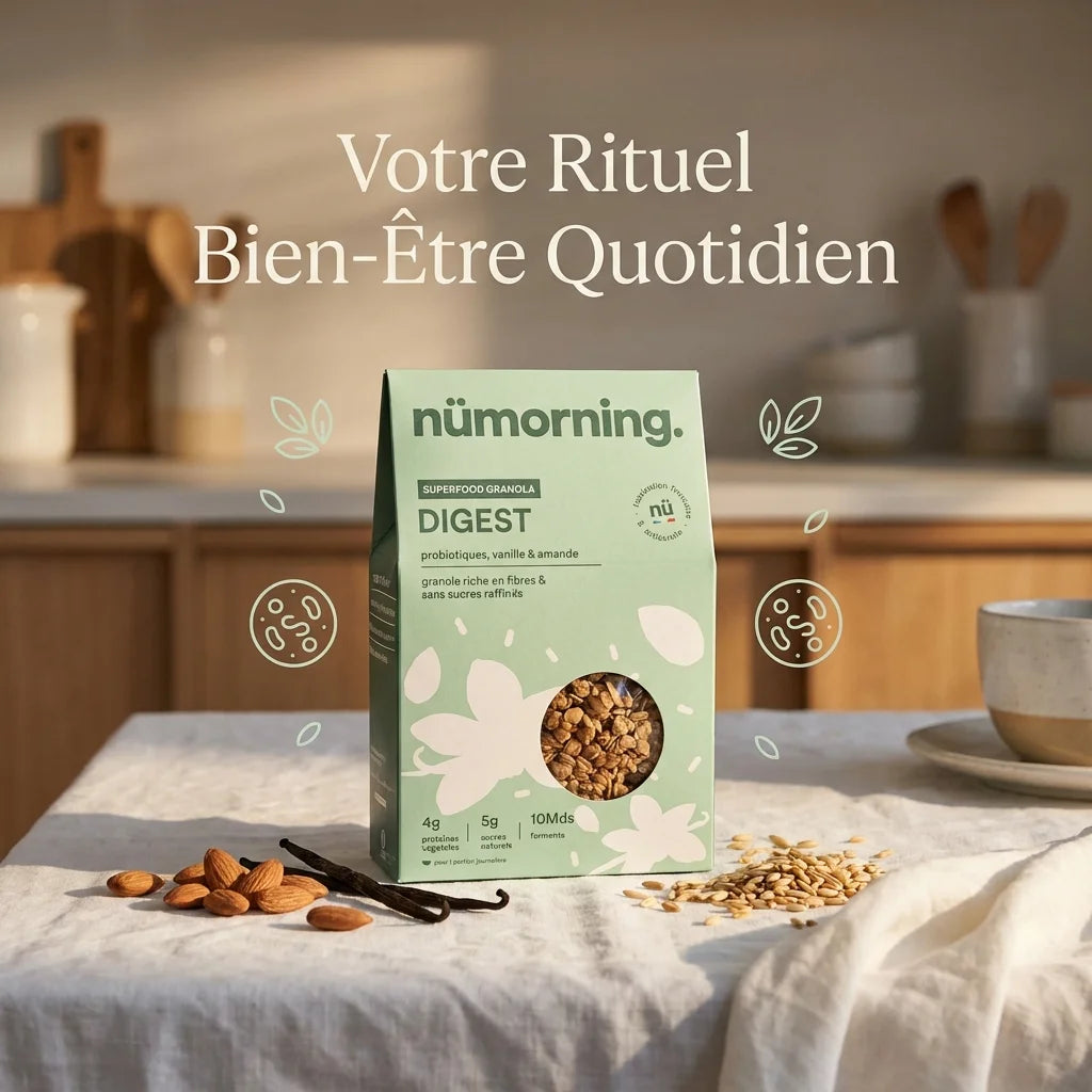 Granola Probiotiques Vanille Amande Nümorning 300g avec amandes et vanille sur table