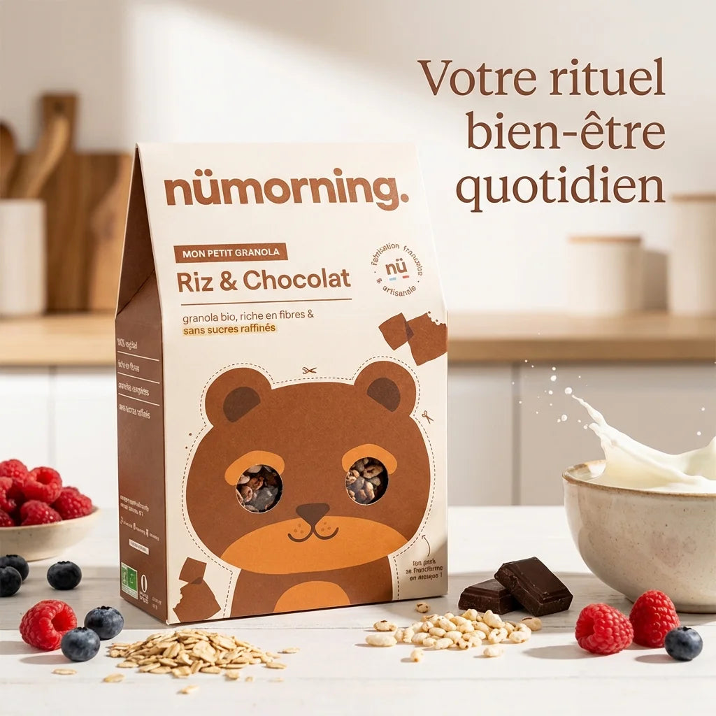 Granola Riz & Chocolat Bio Nümorning sur table petit-déjeuner avec fruits et lait