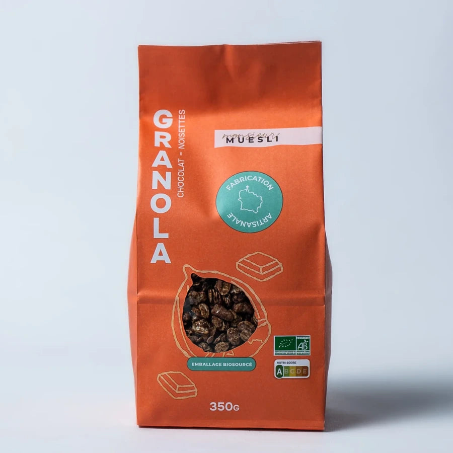 Un sachet de 350g de granola chocolat noisette de la marque monsieur muesli.