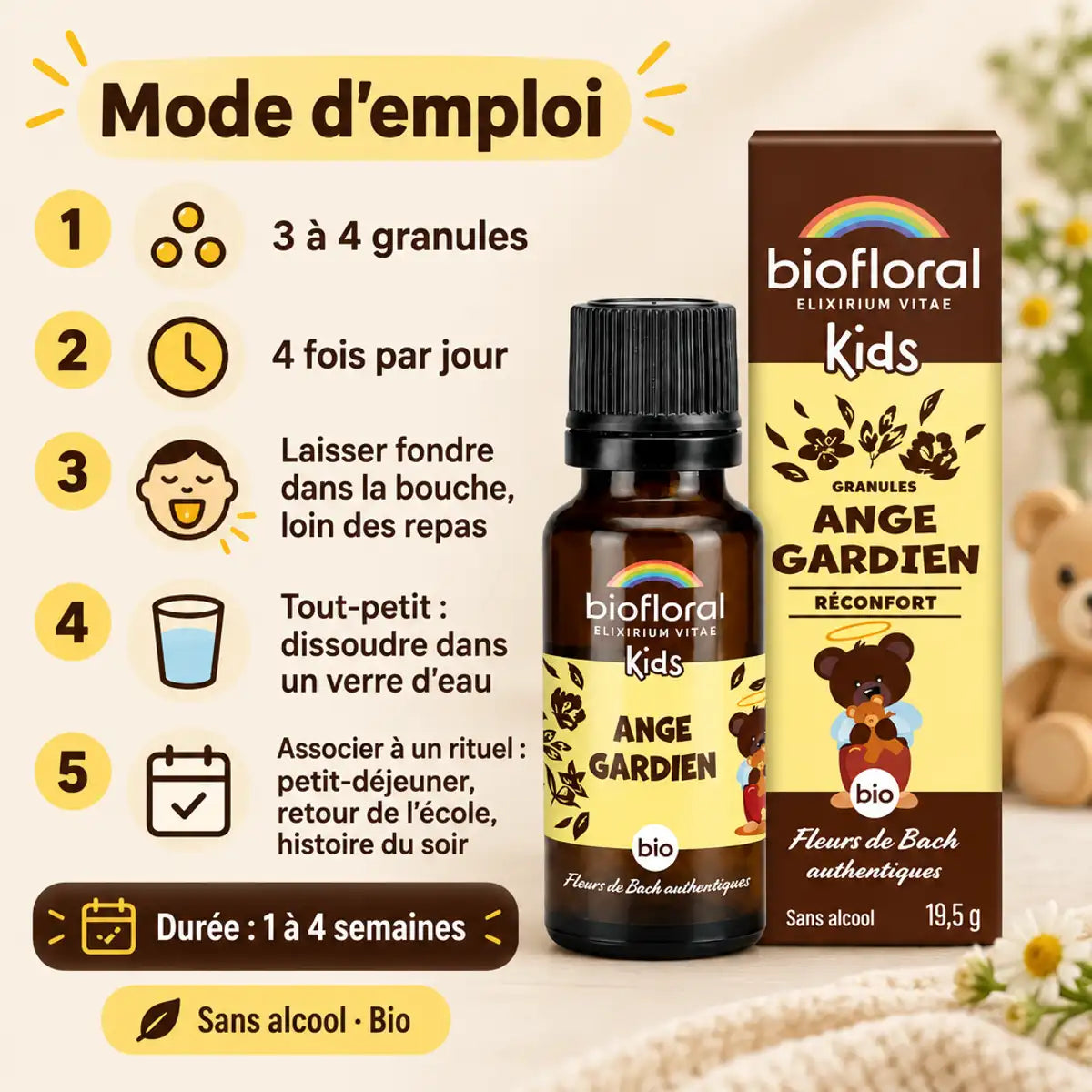 Granules Ange gardien Biofloral Kids bio : flacon et boîte, avec mode d'emploi en 5 étapes pour enfants (fleurs de Bach)