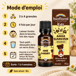 Granules Ange gardien Biofloral Kids bio : flacon et boîte, avec mode d'emploi en 5 étapes pour enfants (fleurs de Bach)