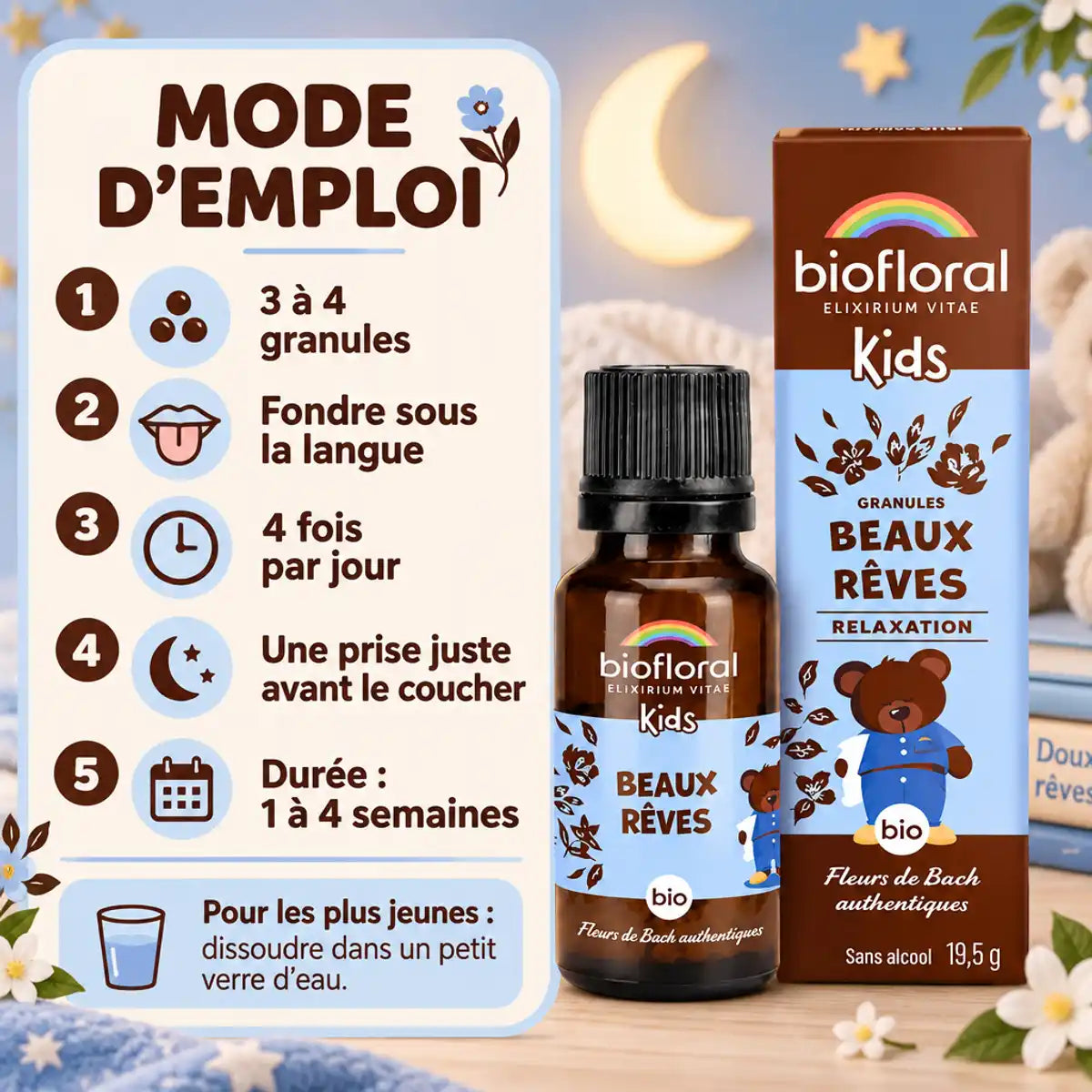 Granules Beaux rêves bio fleurs de Bach Biofloral pour enfants : flacon et boîte, mode d'emploi en 5 étapes