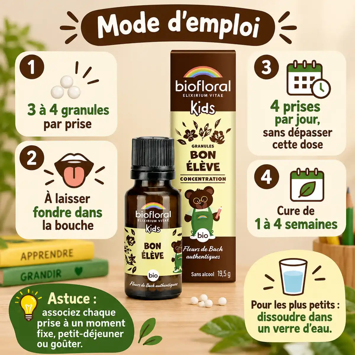Granules Bon élève bio Biofloral 19,5 g : flacon ambré et boîte, avec mode d'emploi pour enfants (fleurs de Bach)